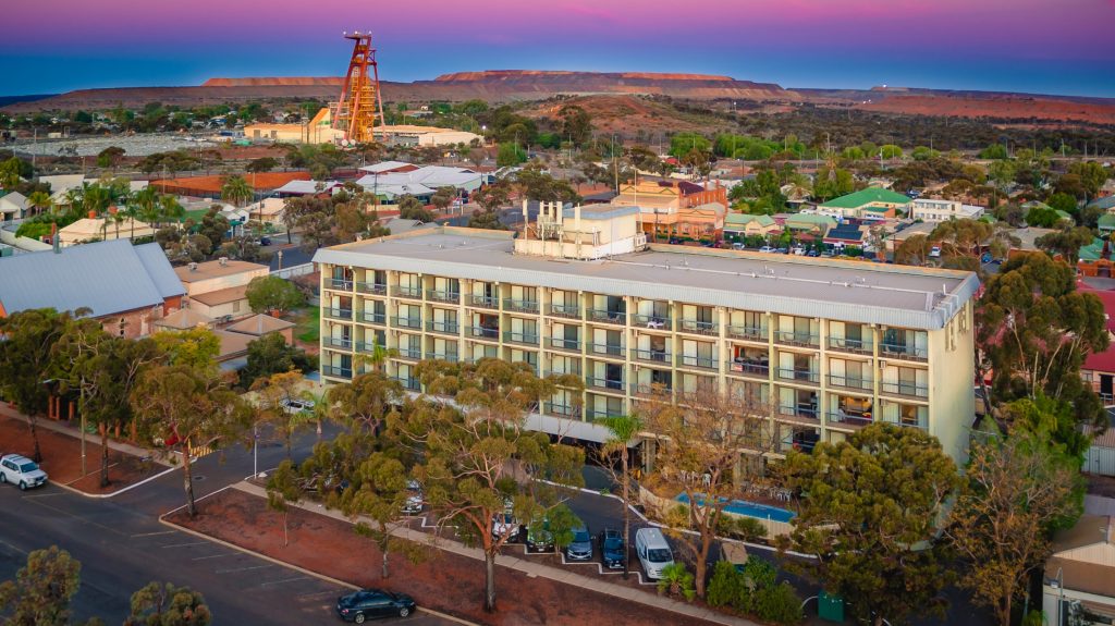 The Kalgoorlie Plaza Hotel from above, Kalgoorlie town in background