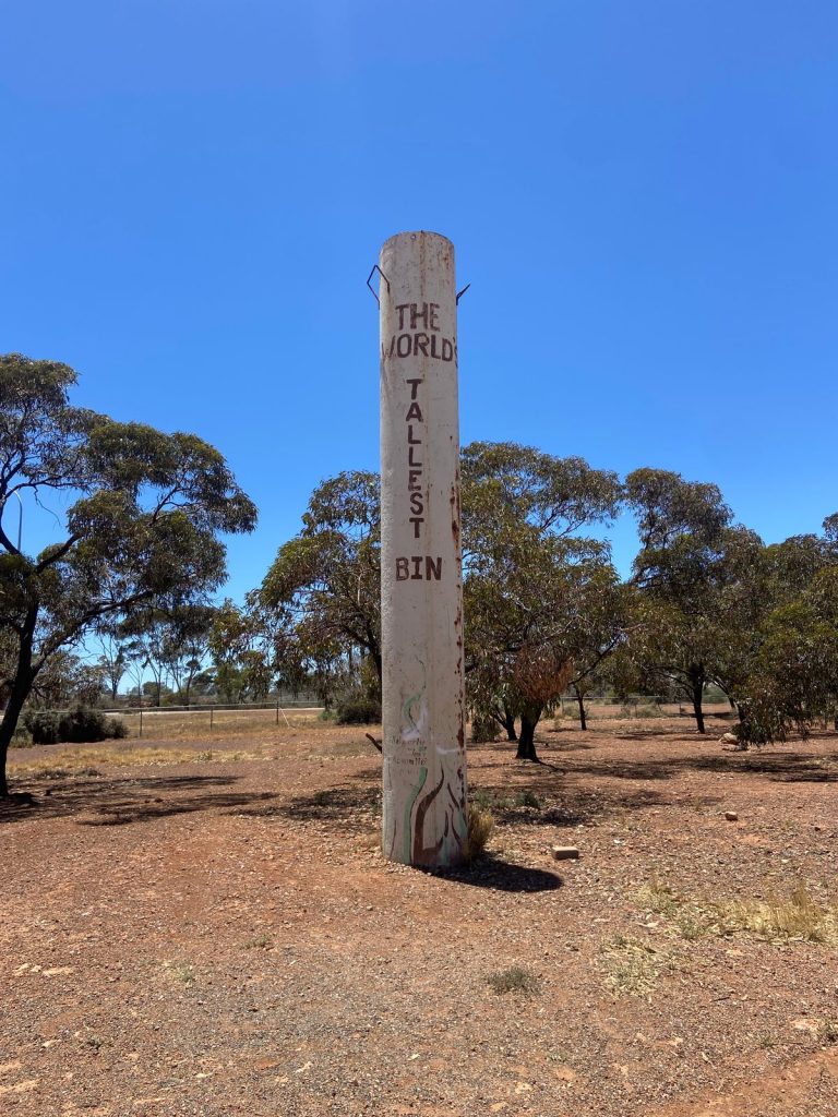 A tall concrete bin in the middle of the bush with the text 'The World's Tallest Bin' painted on the front