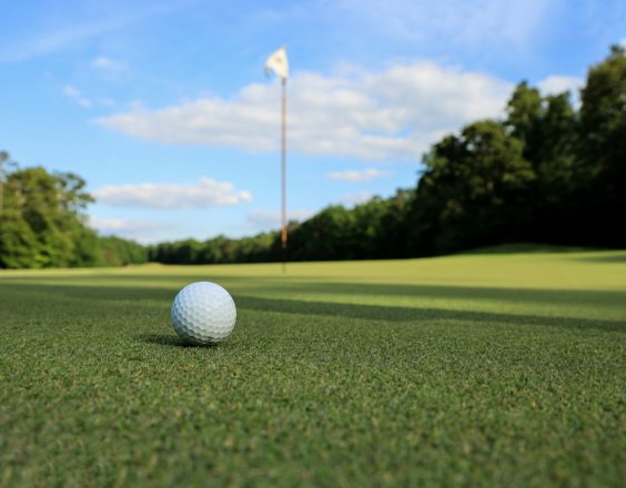 A golf ball sits on a green golf course with a flagstick in the distance